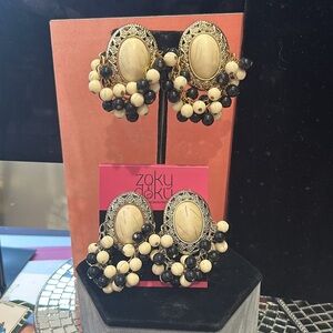 Vintage Black & White Large Button Statement Earrings-Boutique